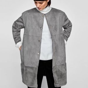 Zara Gray Faux Suede and Fur Coat, Size L